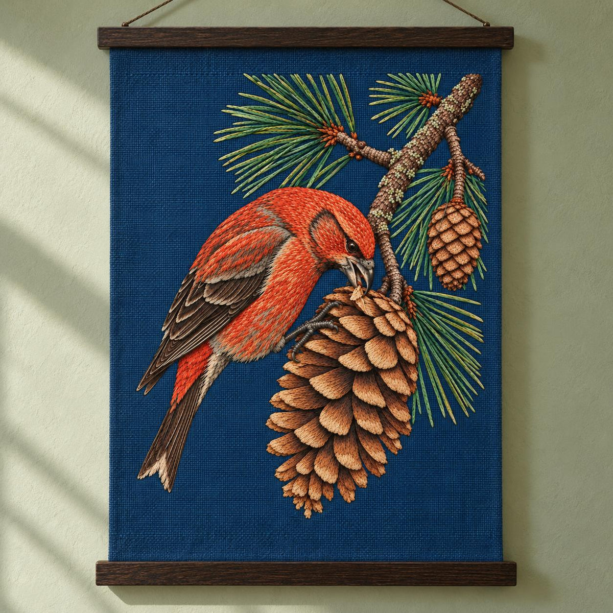 Crossbill in the Open Cone Mechanism visual mockup shown as a hanging textile held by wooden rails, with the design on midnight-blue linen.