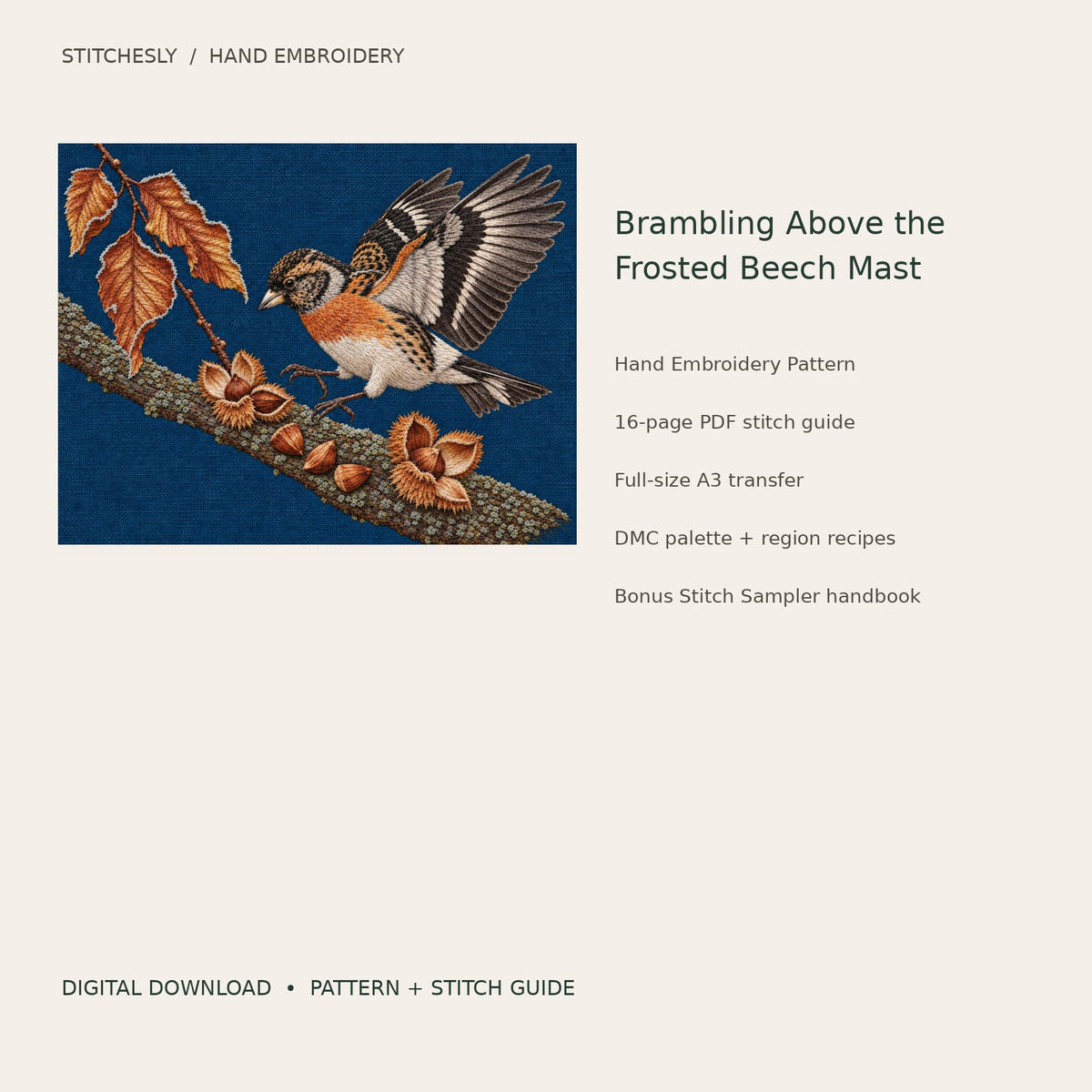 Brambling Above the Frosted Beech Mast: digital hand embroidery pattern cover with artwork and included files