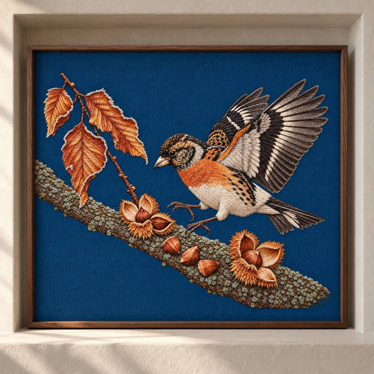 Brambling Above the Frosted Beech Mast visual mockup shown as a framed textile in a gallery niche, with the design on deep-blue linen.