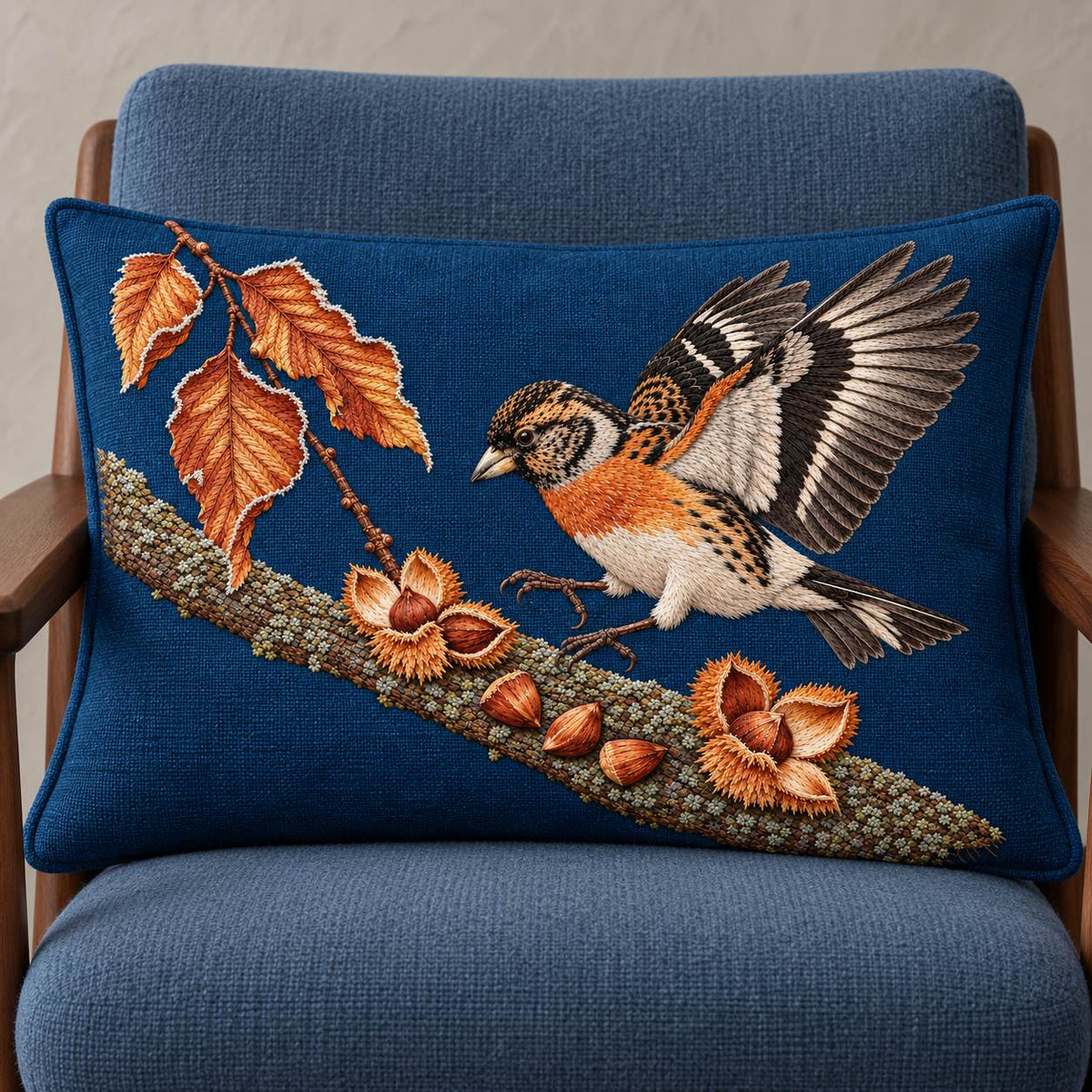 Brambling Above the Frosted Beech Mast visual mockup shown on a cushion in a lounge chair, with the design on deep-blue linen.