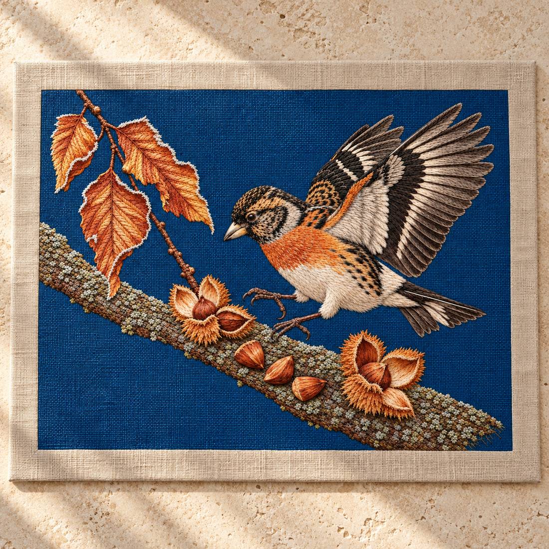 Brambling Above the Frosted Beech Mast visual mockup shown as a textile panel on a stone platform, with the design on deep-blue linen.