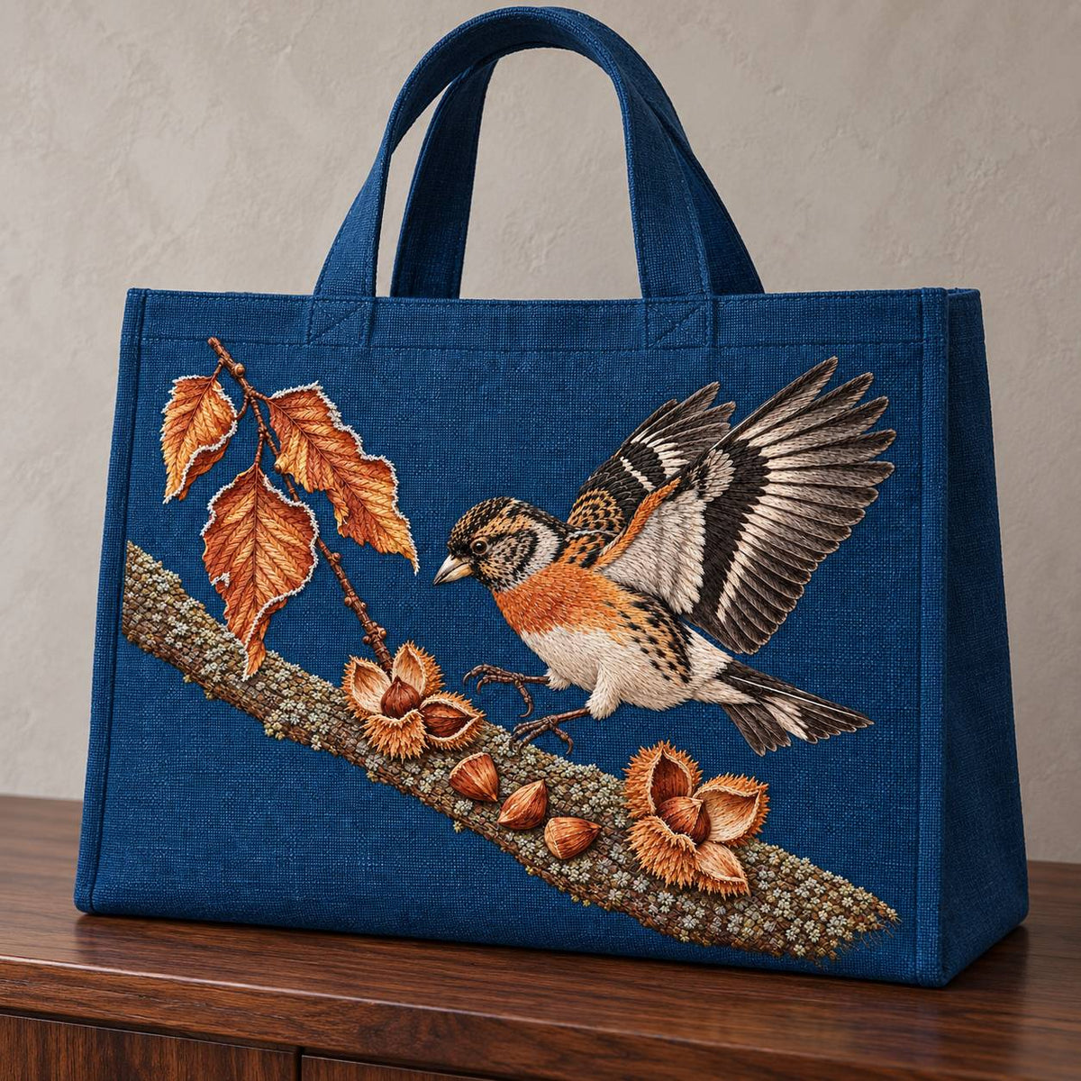 Brambling Above the Frosted Beech Mast visual mockup shown on the front of a structured linen tote, with the design on deep-blue linen.