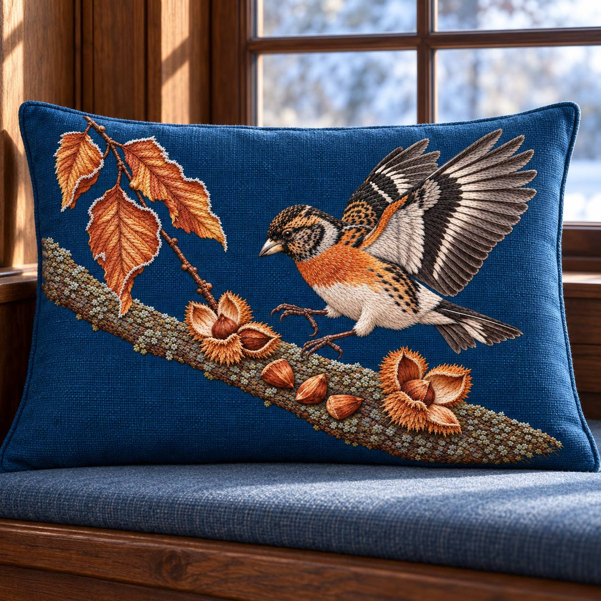 Brambling Above the Frosted Beech Mast visual mockup shown on a cushion beside a window, with the design on deep-blue linen.