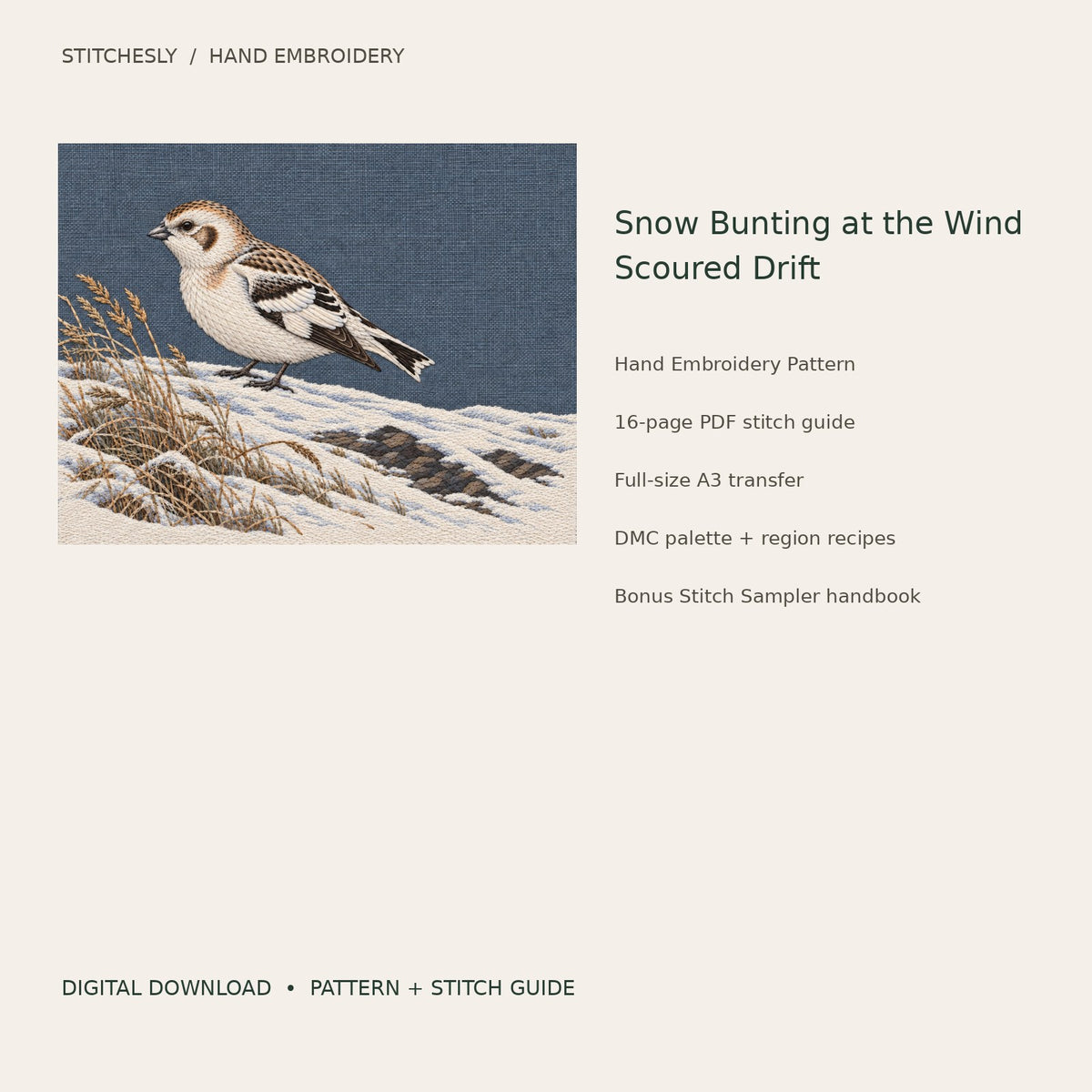 Snow Bunting at the Wind Scoured Drift: digital hand embroidery pattern cover with artwork and included files