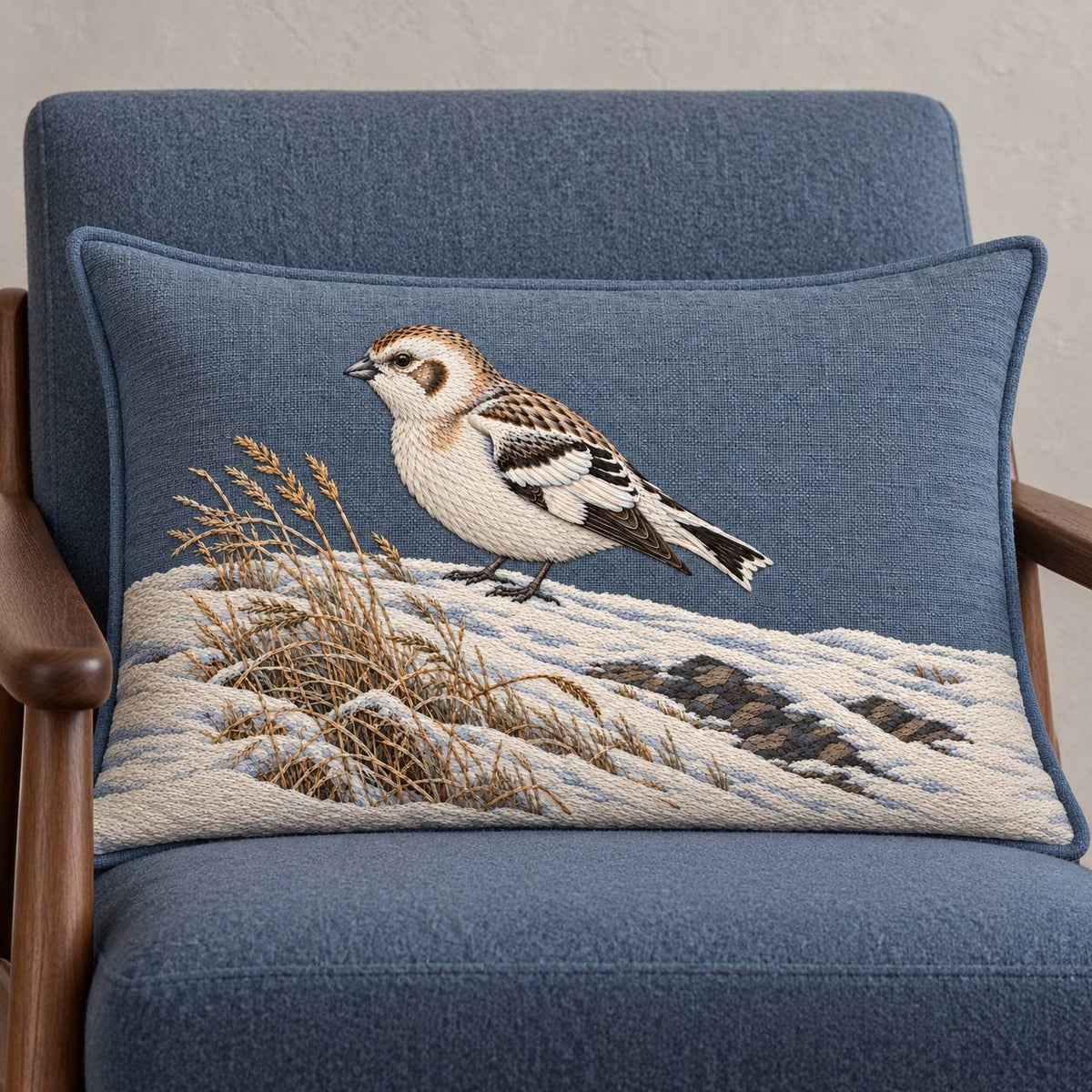 Snow Bunting at the Wind Scoured Drift visual mockup shown on a cushion in a lounge chair, with the design on blue-grey linen.