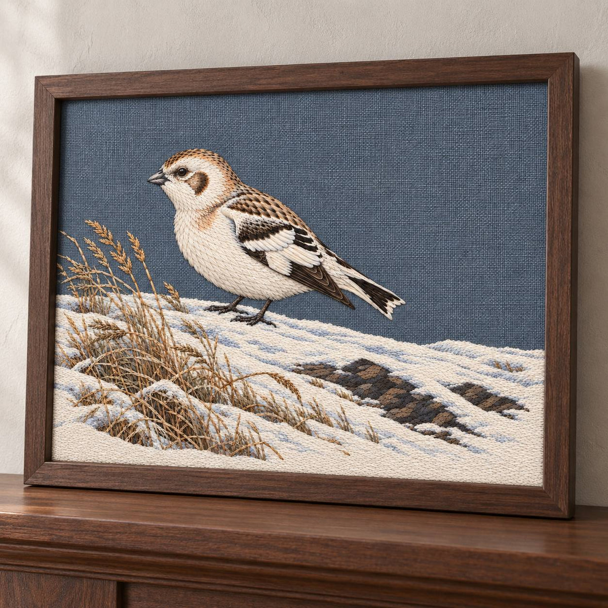 Snow Bunting at the Wind Scoured Drift visual mockup shown in a frame leaning on a mantel, with the design on blue-grey linen.