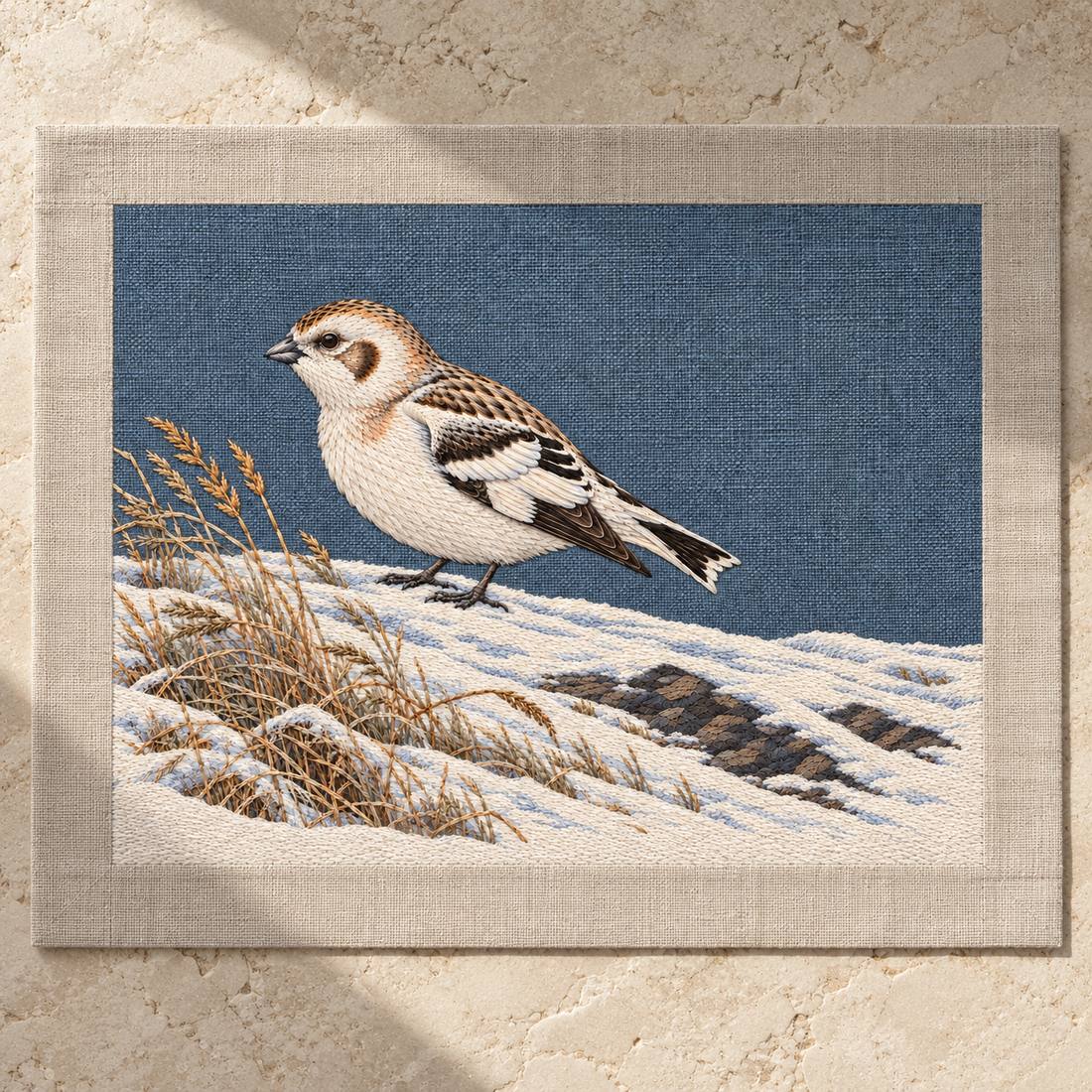 Snow Bunting at the Wind Scoured Drift visual mockup shown as a textile panel on a stone platform, with the design on blue-grey linen.