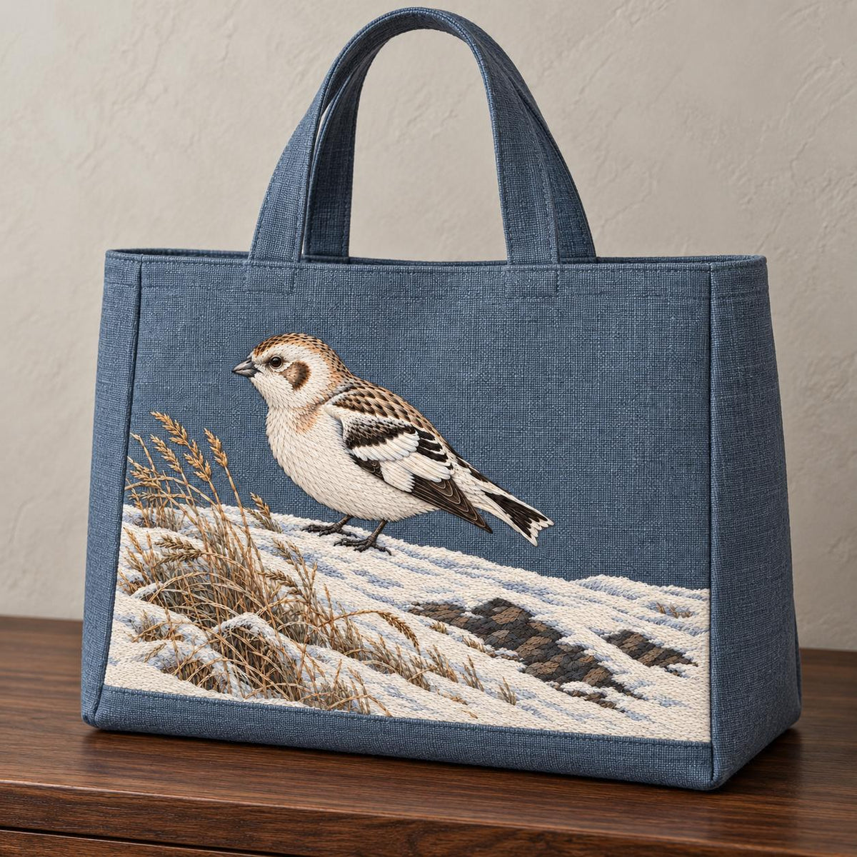 Snow Bunting at the Wind Scoured Drift visual mockup shown on the front of a structured linen tote, with the design on blue-grey linen.
