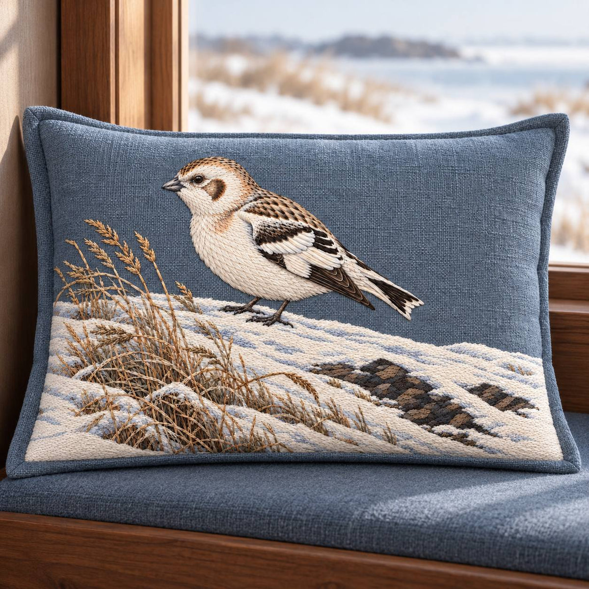 Snow Bunting at the Wind Scoured Drift visual mockup shown on a cushion beside a window, with the design on blue-grey linen.