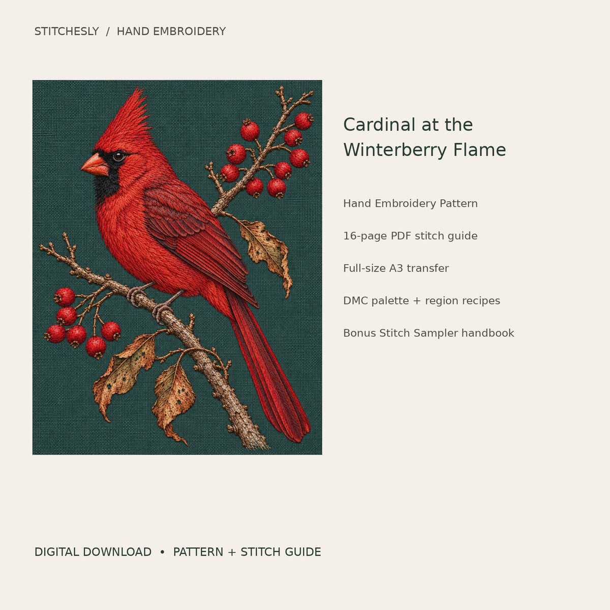 Cardinal at the Winterberry Flame: digital hand embroidery pattern cover with artwork and included files