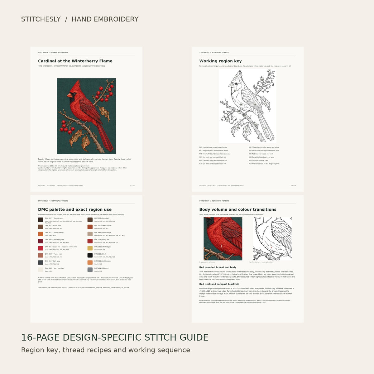 Cardinal at the Winterberry Flame: preview of the 16-page stitch guide, region key, DMC palette and stitching instructions