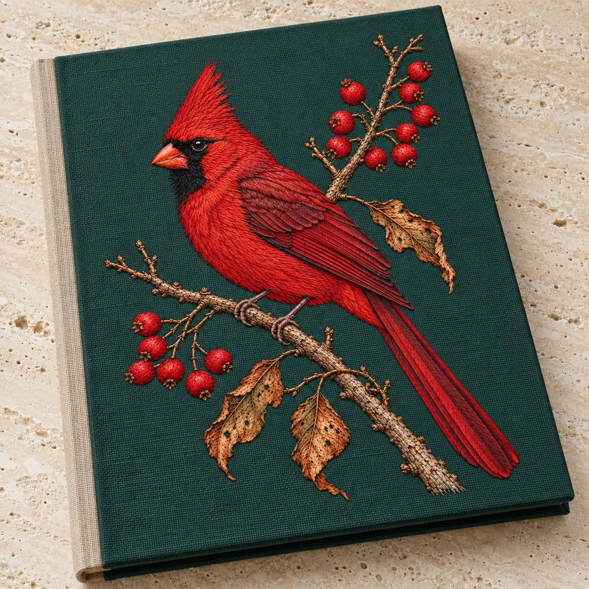 Cardinal at the Winterberry Flame visual mockup shown on a cloth portfolio cover, with the design on deep forest-green linen.