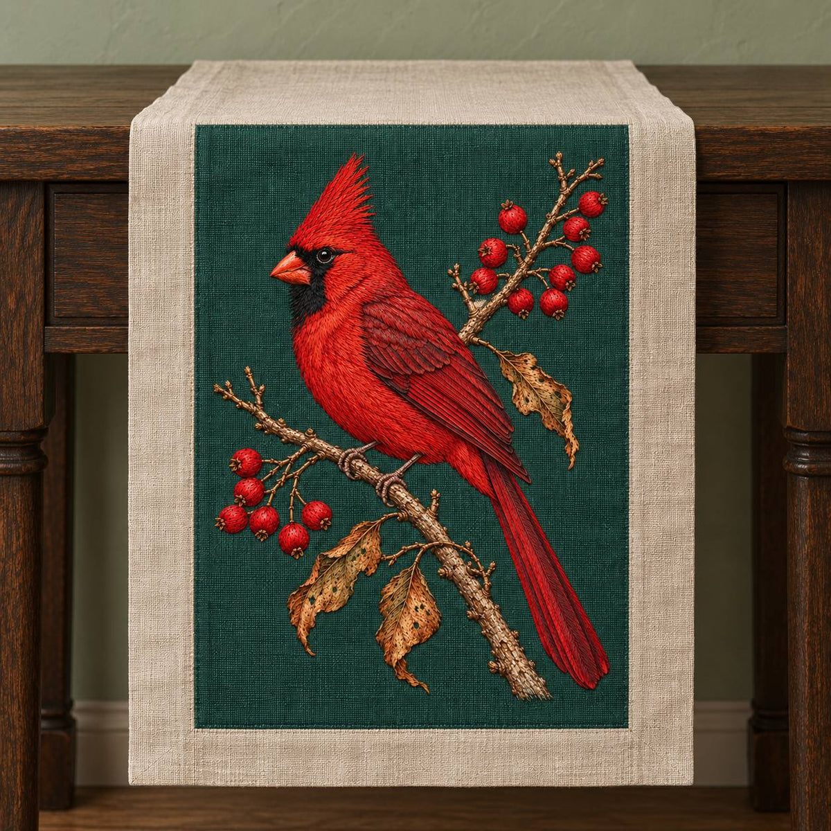 Cardinal at the Winterberry Flame visual mockup shown on a textile runner over a console, with the design on deep forest-green linen.