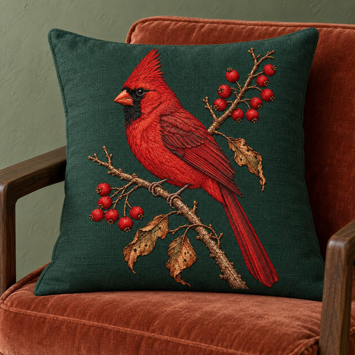 Cardinal at the Winterberry Flame visual mockup shown on a cushion in a lounge chair, with the design on deep forest-green linen.