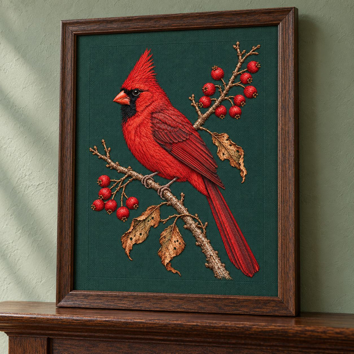 Cardinal at the Winterberry Flame visual mockup shown in a frame leaning on a mantel, with the design on deep forest-green linen.