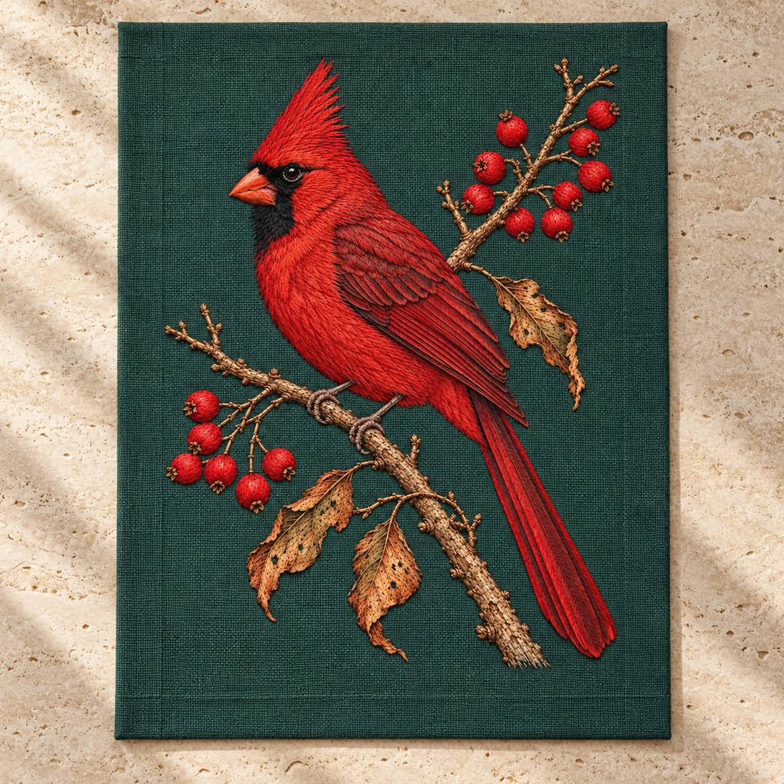 Cardinal at the Winterberry Flame visual mockup shown as a textile panel on a stone platform, with the design on deep forest-green linen.