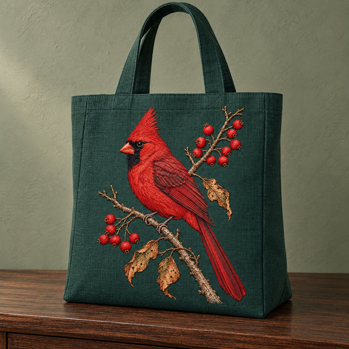 Cardinal at the Winterberry Flame visual mockup shown on the front of a structured linen tote, with the design on deep forest-green linen.