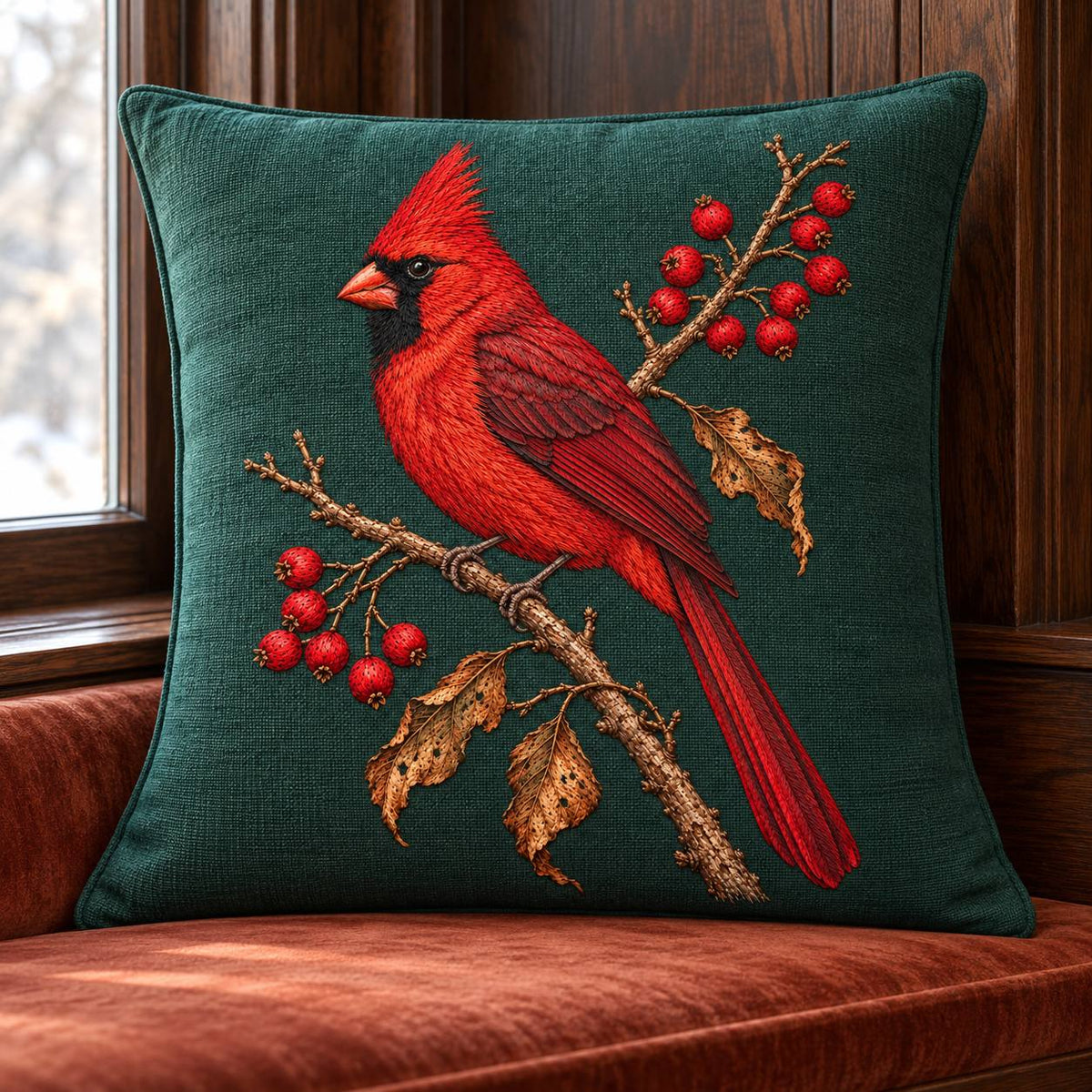 Cardinal at the Winterberry Flame visual mockup shown on a cushion beside a window, with the design on deep forest-green linen.
