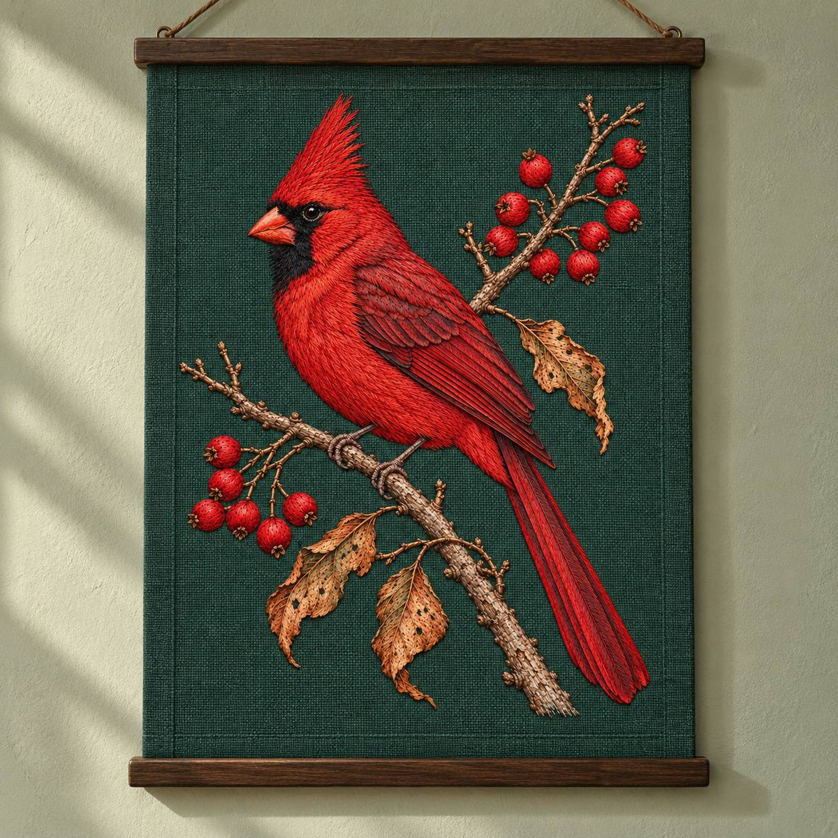 Cardinal at the Winterberry Flame visual mockup shown as a hanging textile held by wooden rails, with the design on deep forest-green linen.