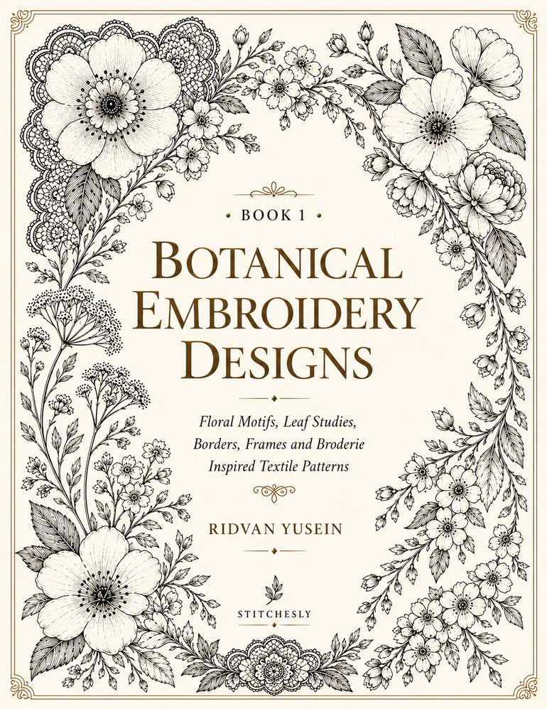 Front cover of Botanical Embroidery Designs, Edition 1, surrounded by floral and leafy line illustrations.