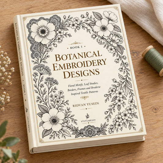 Flat-lay book mockup showing the floral cover of Botanical Embroidery Designs, Edition 1, beside fabric and thread.