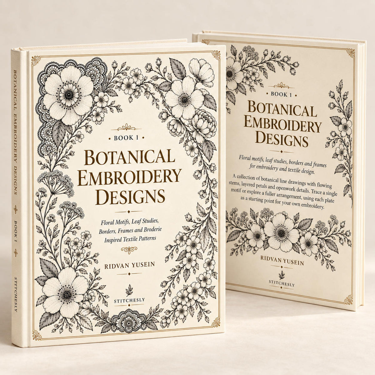 Front and back cover mockup of Botanical Embroidery Designs, Edition 1, with botanical line illustrations.
