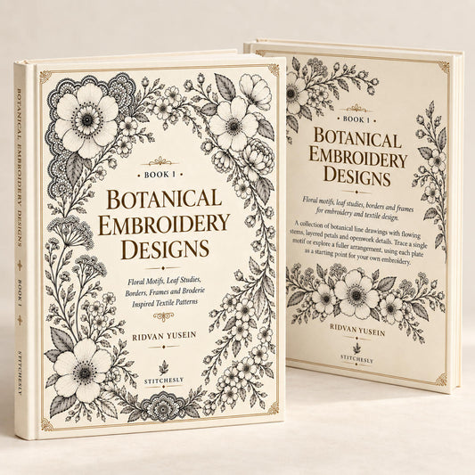 Front and back cover mockup of Botanical Embroidery Designs, Edition 1, with botanical line illustrations.