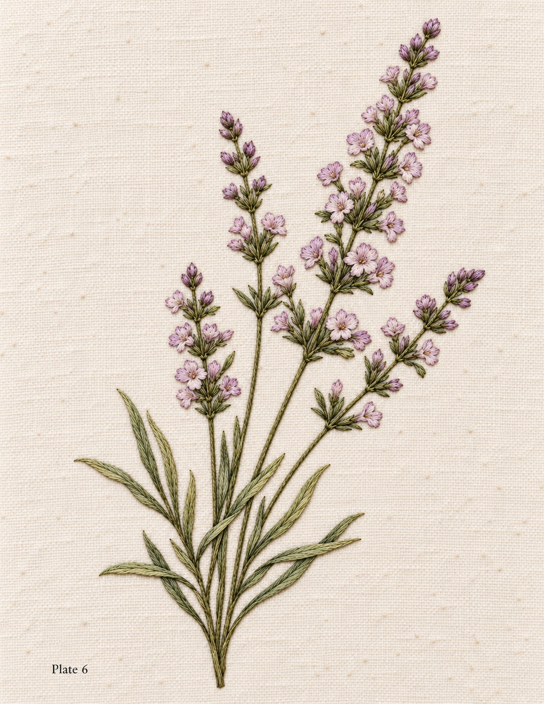 Embroidered interpretation of branching lavender stems with purple flowers and green leaves on ivory fabric, Study 6.