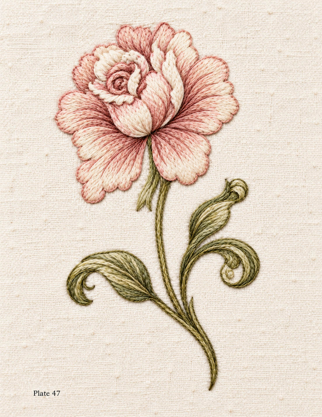 Embroidered interpretation of a pink ornamental bloom with scrolling green leaves on ivory fabric, Study 47.