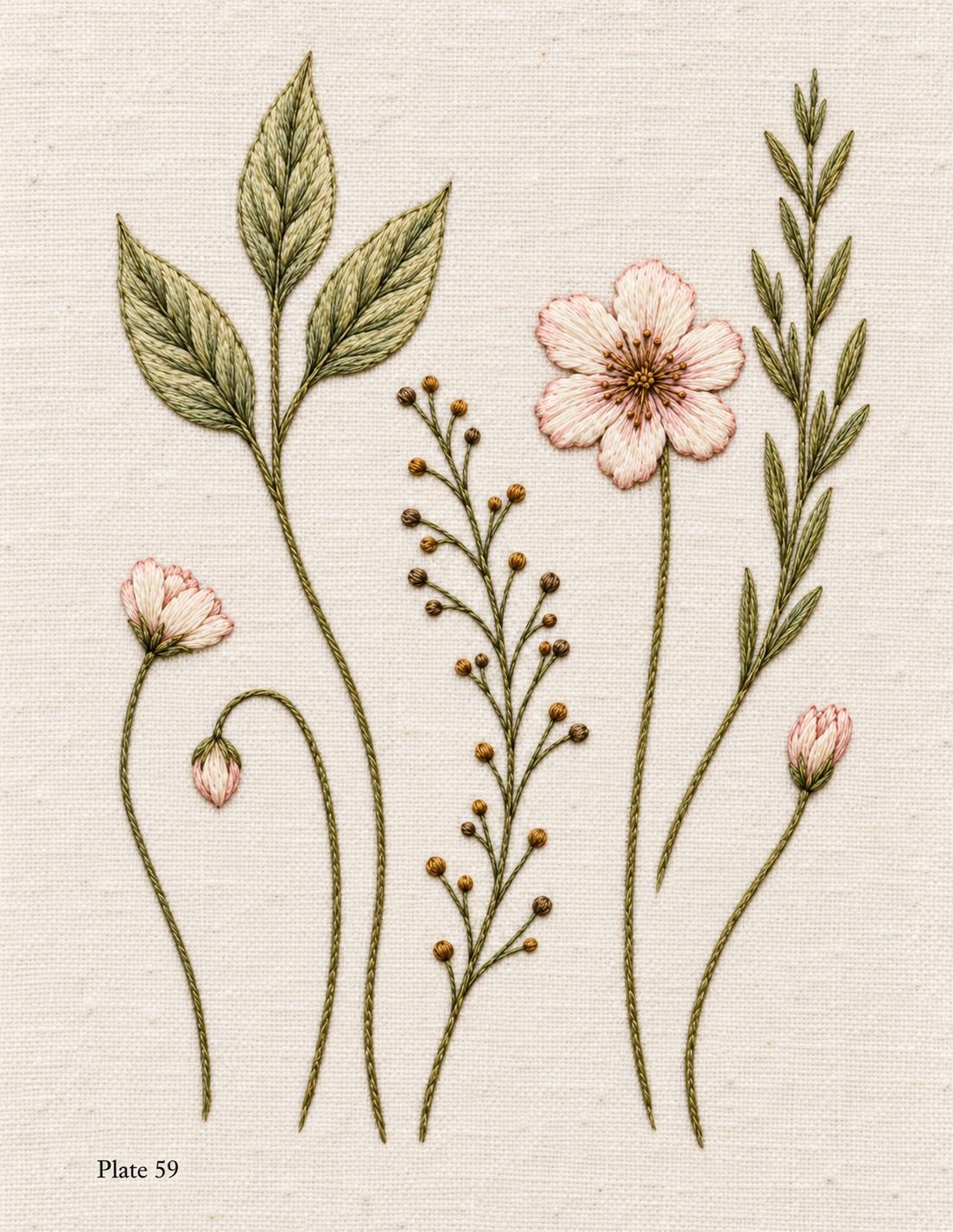 Embroidered interpretation of seven individual botanical stems in pink and green on ivory fabric, Study 59.