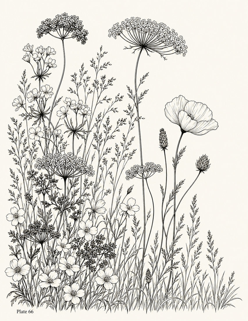 Line drawing of a dense wildflower meadow with daisies, poppies, umbels and grasses, Study 66.