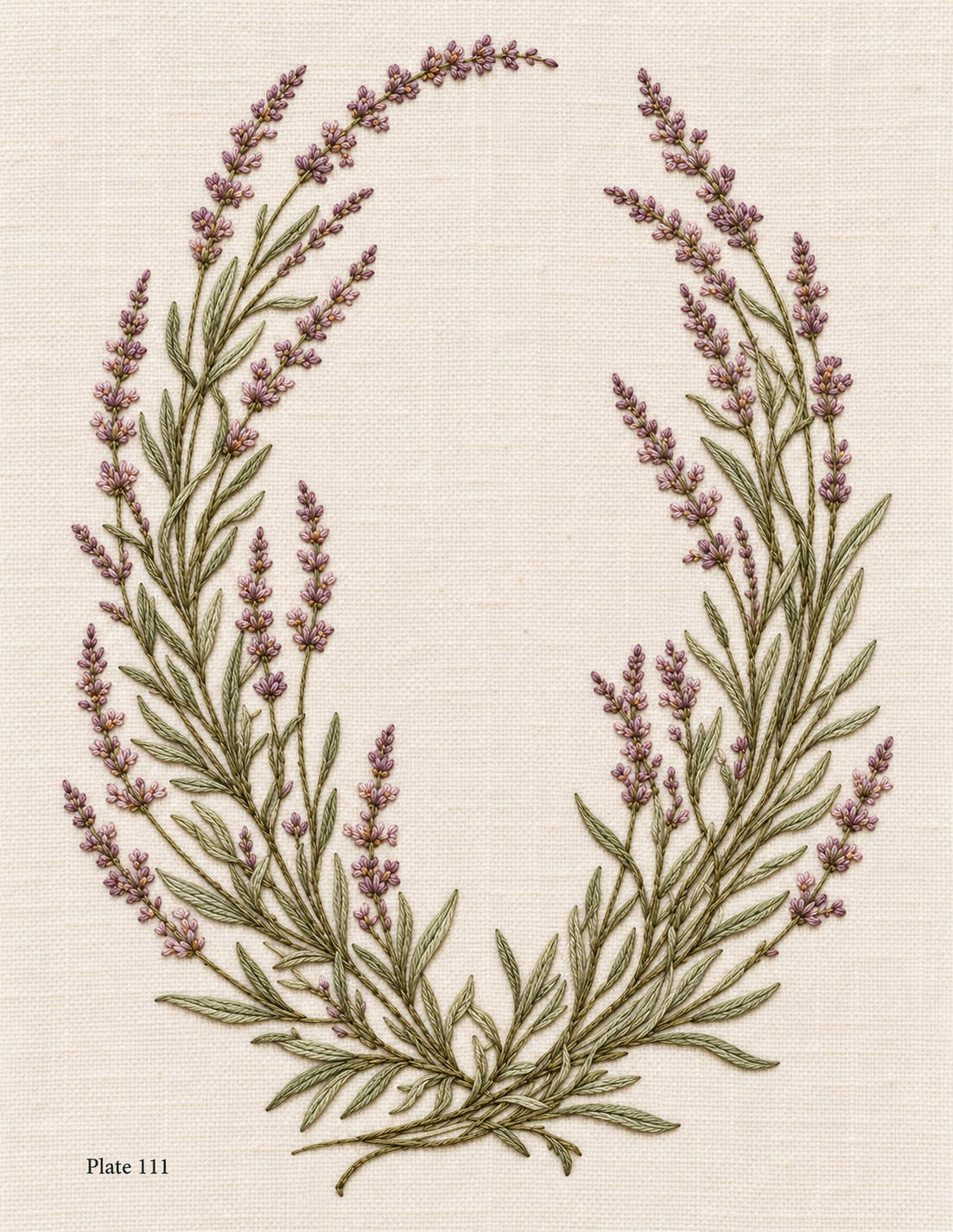 Embroidered interpretation of an open lavender wreath with purple flowers and a tied green base on ivory fabric, Study 111.