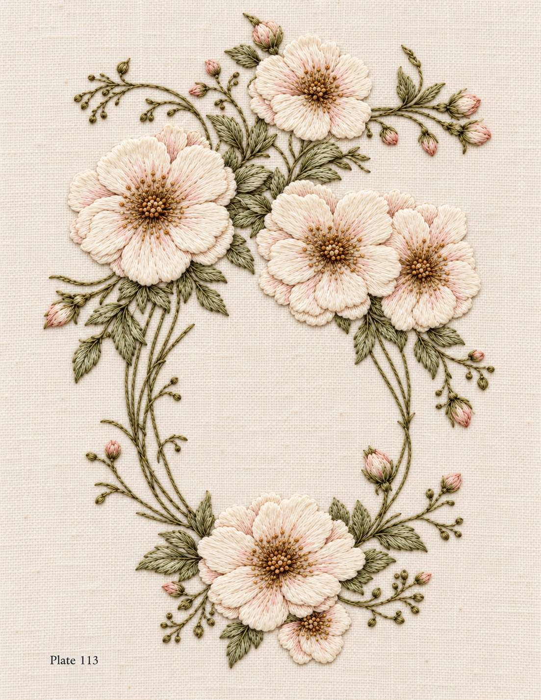 Embroidered interpretation of a six-blossom oval frame with pale pink flowers and green leaves on ivory fabric, Study 113.