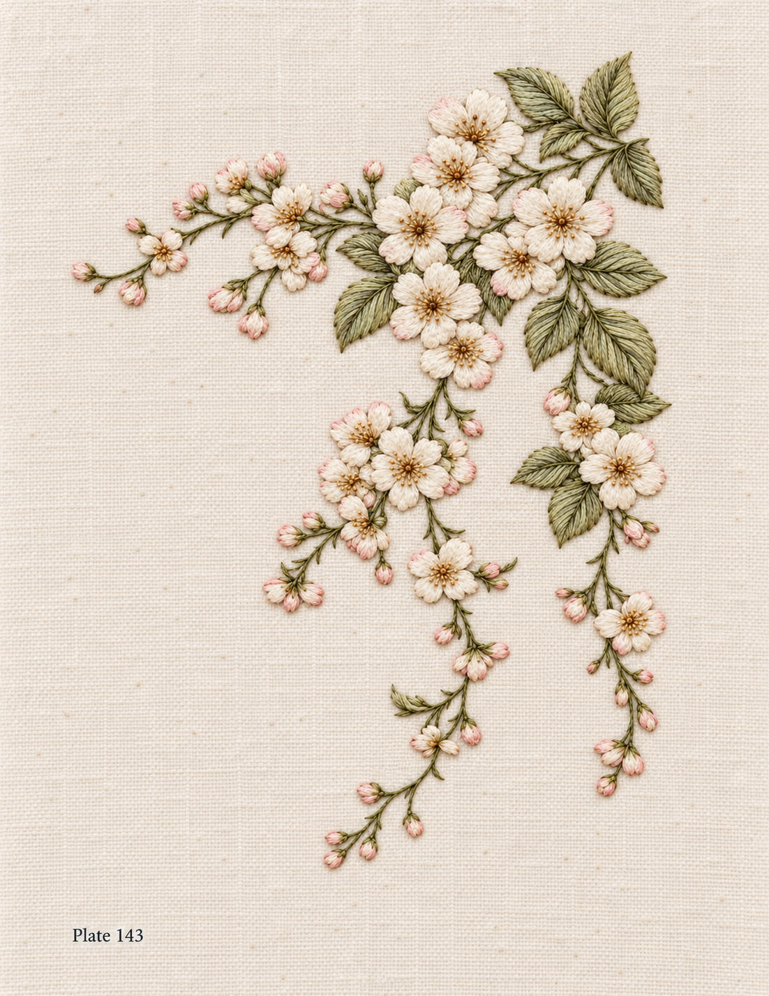 Embroidered interpretation of a trailing floral corner spray with pale pink blossoms and green foliage on ivory fabric, Study 143.