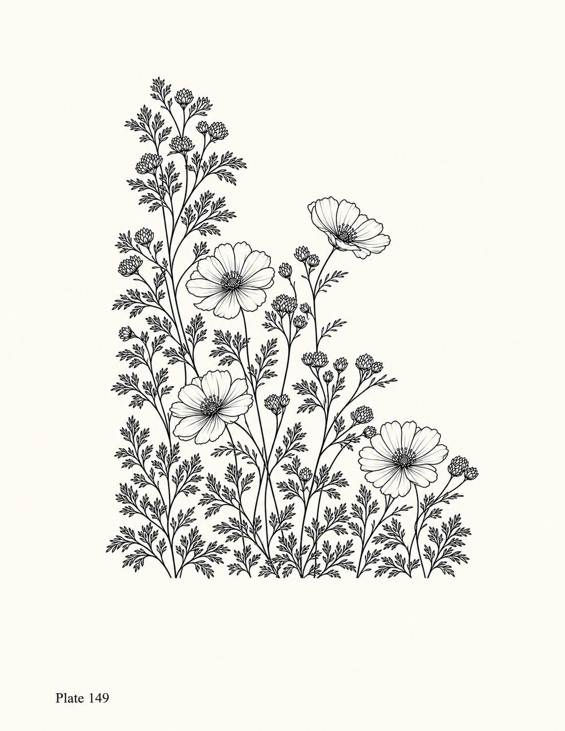 Line drawing of a cosmos-inspired meadow border with flowers, buds and leafy stems, Study 149.