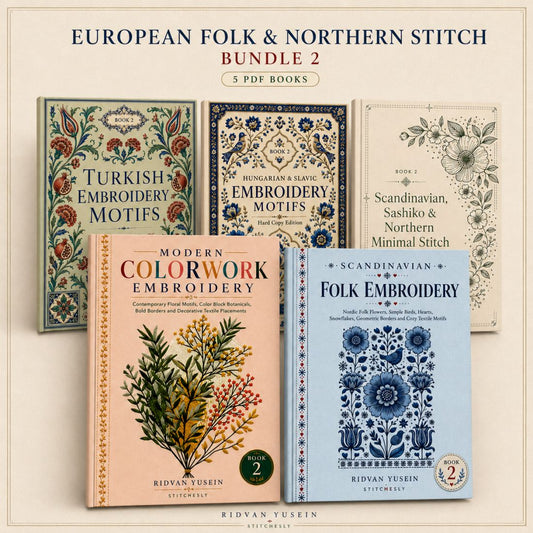 Digital PDF embroidery design bundle cover preview for European Folk & Northern Stitch Bundle 2, featuring curated embroidery patterns, motif library references and textile… - preview 1