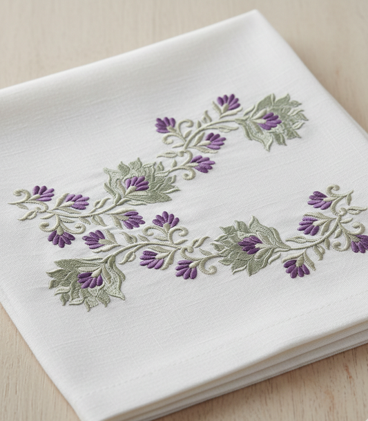 Floral Embroidery Design for Tablecloth, Purple Flower Pattern for Linen Napkins, Digital Embroidery PDF, Elegant Botanical Border Design, DIY Textile Art - 4 variation