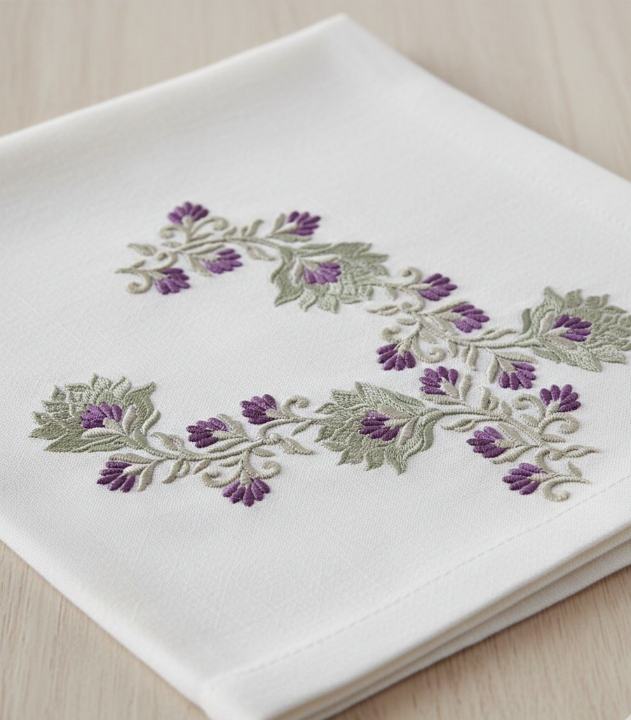 Floral Embroidery Design for Tablecloth, Purple Flower Pattern for Linen Napkins, Digital Embroidery PDF, Elegant Botanical Border Design, DIY Textile Art - 4 variation
