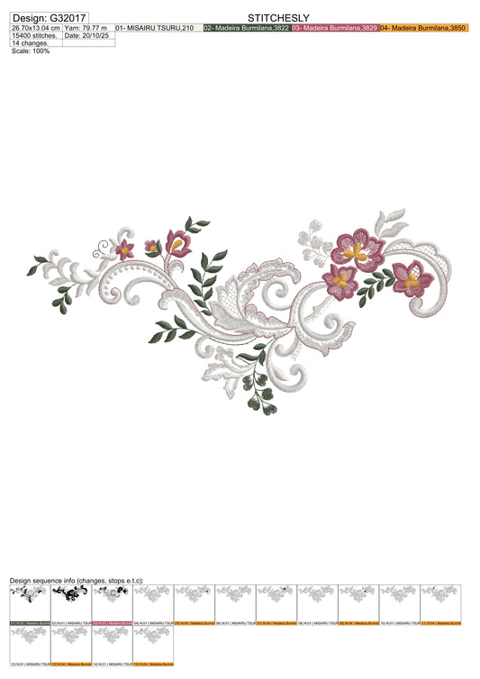 Floral Border Embroidery Design – Elegant Rose Leaf Pattern for Table Linens – 26x13cm | Digital Download – PES DST VP3 HUS – Stitchesly G32017