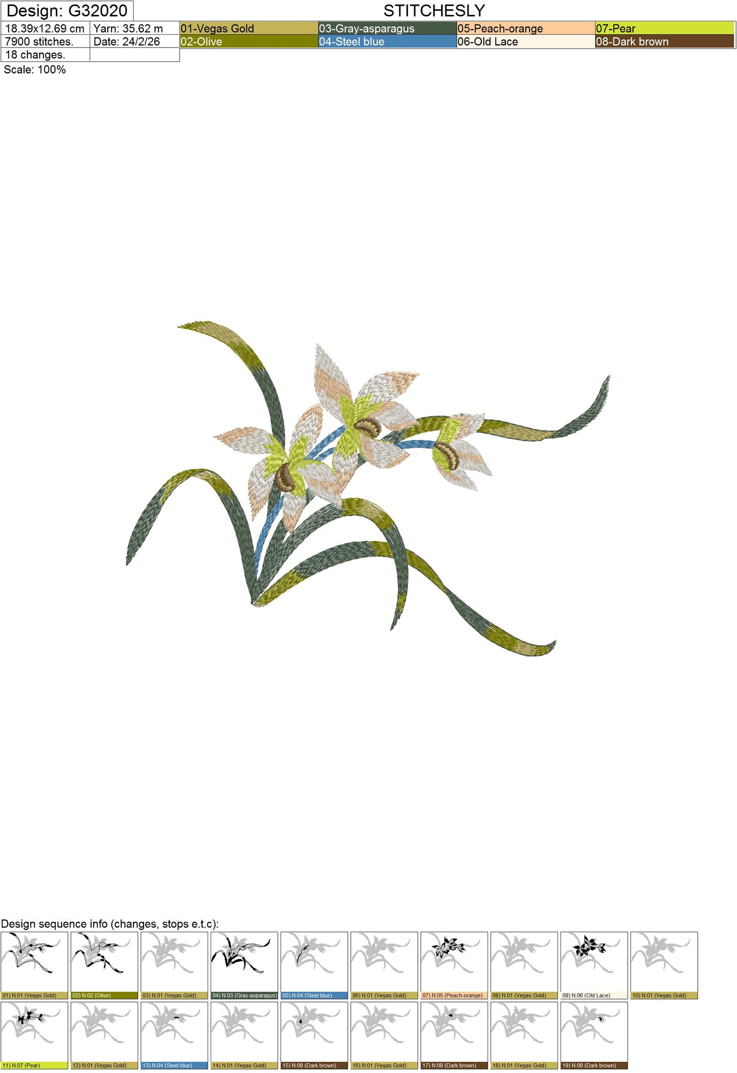 Detailed Orchid Flower Embroidery Pattern, 18x12 cm Floral Design for Tablecloths and Textiles, Botanical Needlework Art, DIY Embroidery Kit