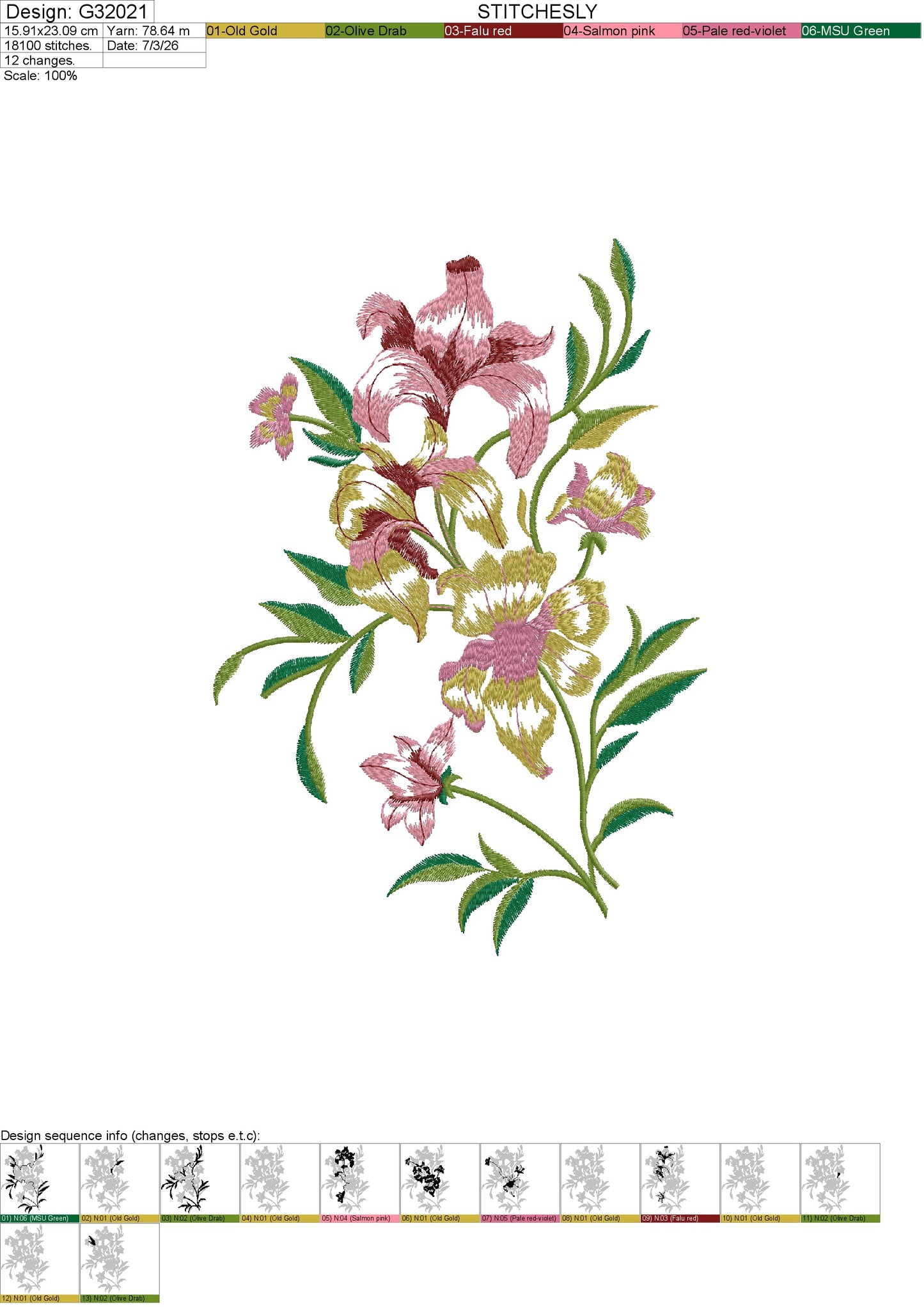 Premium Large Oriental Floral Embroidery Design G32021 | 15.91 x 23.09 cm | Manually Punched | All Formats (DST, PES, JEF) | Stitchesly