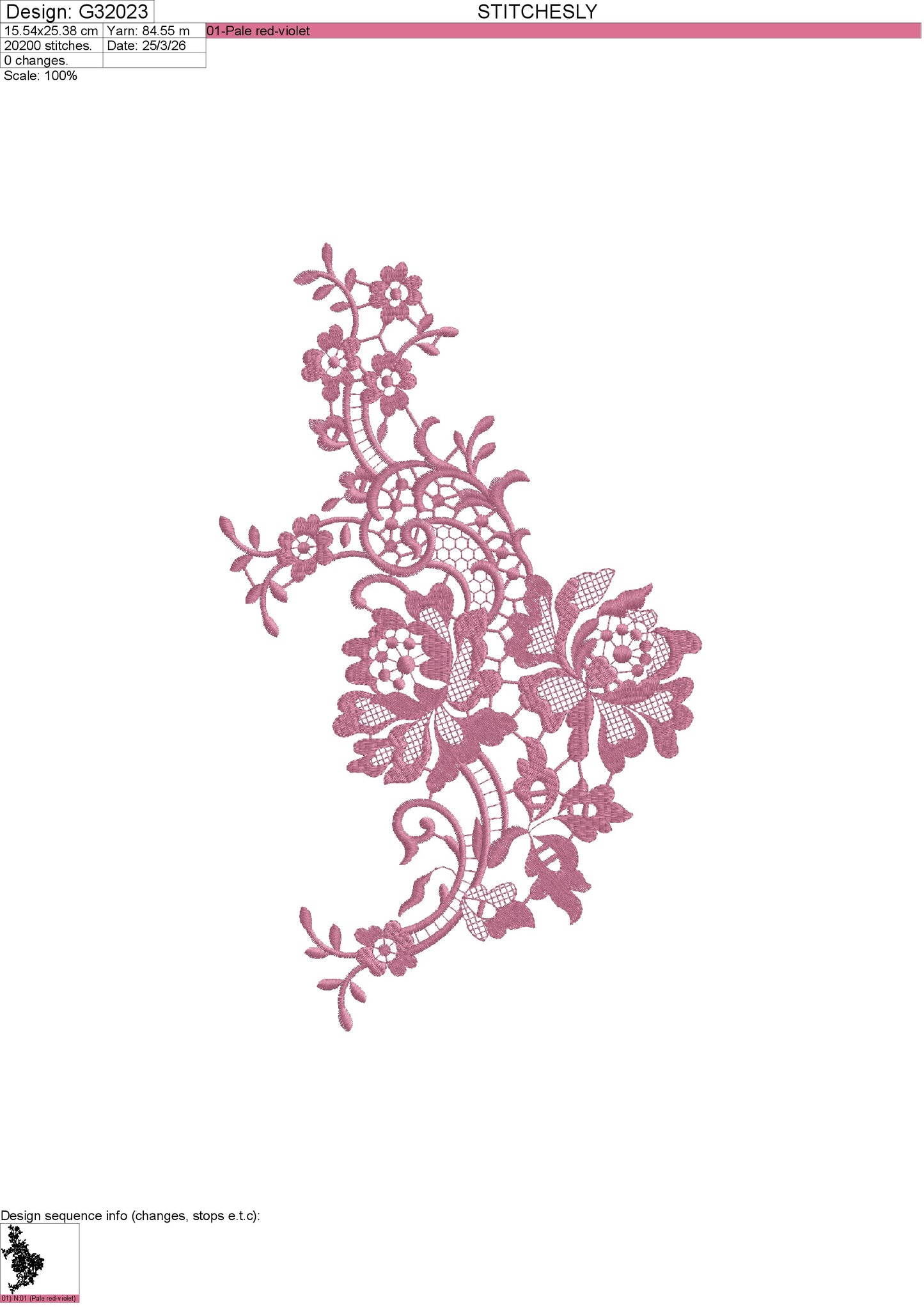 Premium Lace Floral Embroidery Design G32023 | 15.54 x 25.38 cm | Manually Punched | All Formats (DST, PES, JEF) | Stitchesly