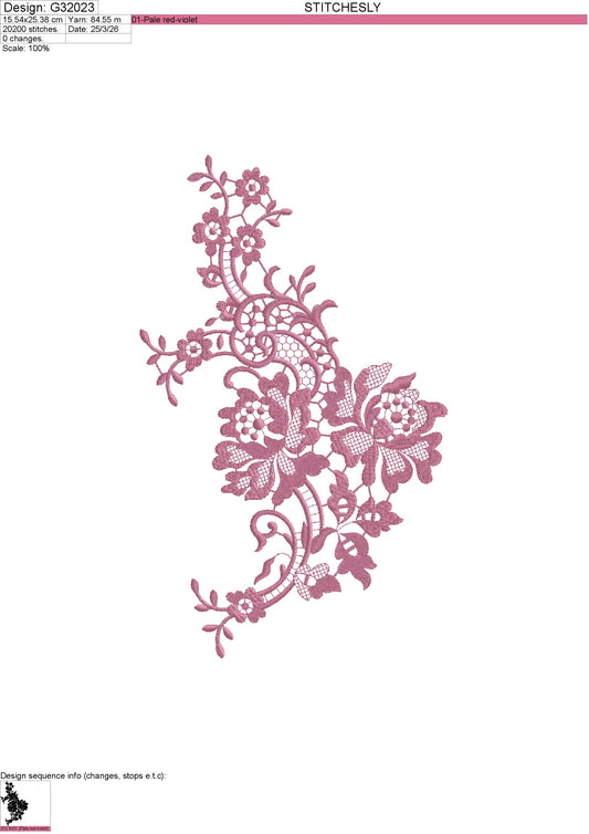 Premium Lace Floral Embroidery Design G32023 | 15.54 x 25.38 cm | Manually Punched | All Formats (DST, PES, JEF) | Stitchesly