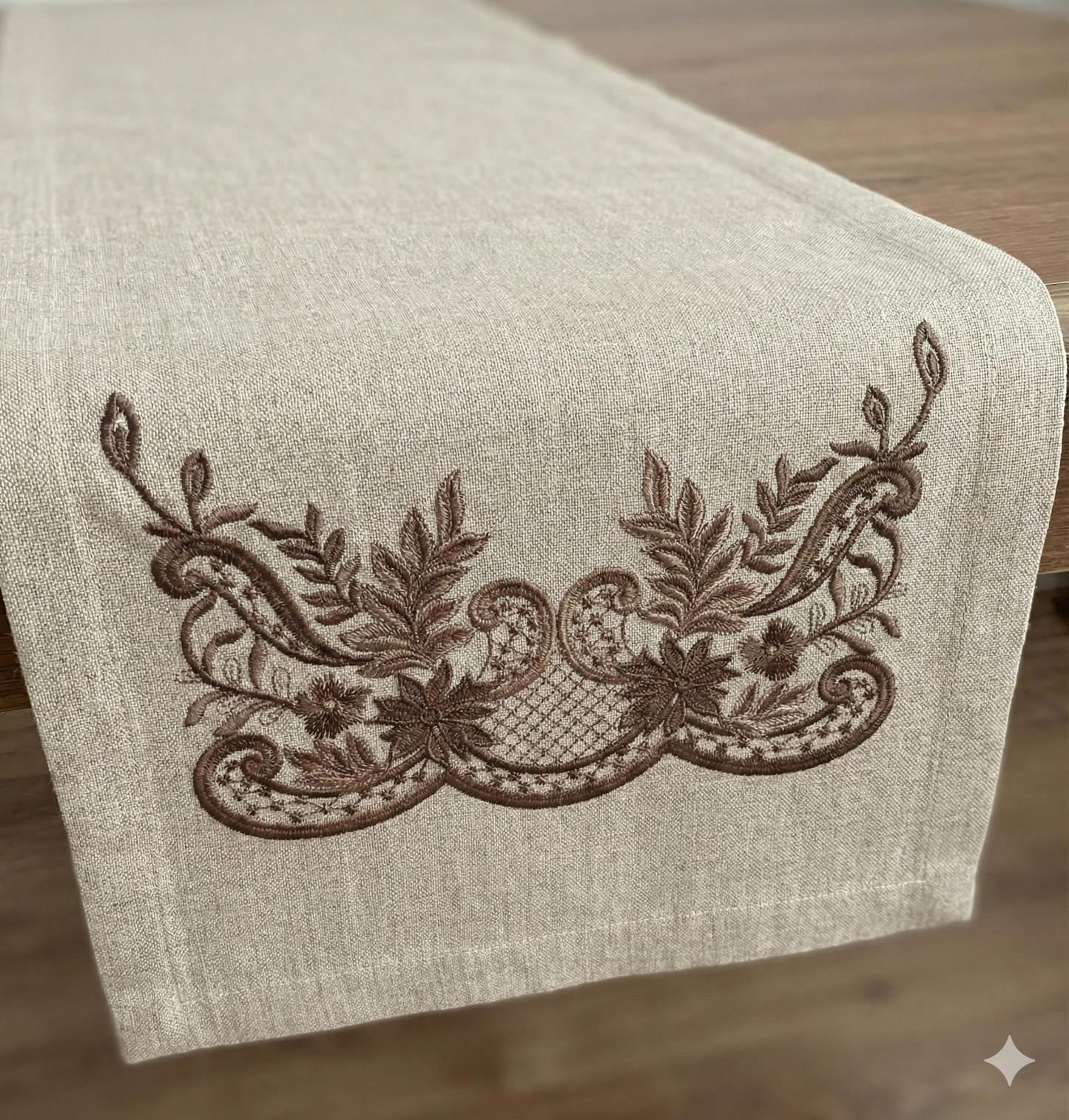 Floral Border Embroidery Design – Elegant Rose Leaf Pattern for Table Linens – 14x8cm | Digital Download – PES DST VP3 HUS – Stitchesly G32019