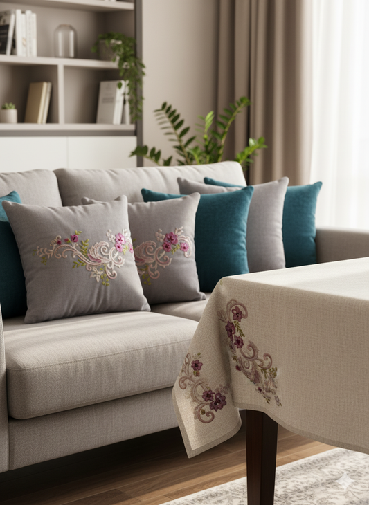 Floral Border Embroidery Design – Elegant Rose Leaf Pattern for Table Linens – 26x13cm | Digital Download – PES DST VP3 HUS – Stitchesly G32017