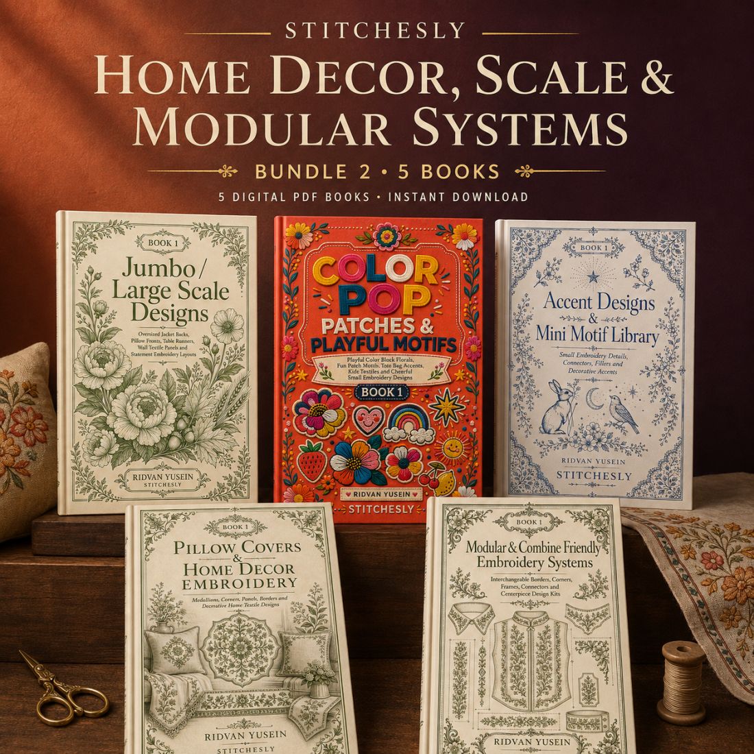 Digital PDF embroidery design bundle cover preview for Home Decor, Scale & Modular Systems Bundle 2, featuring curated embroidery patterns, motif library references and textile… - preview 1