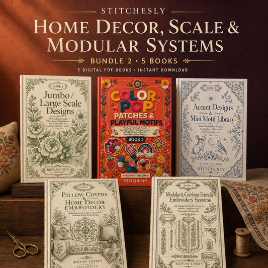 Digital PDF embroidery design bundle cover preview for Home Decor, Scale & Modular Systems Bundle 2, featuring curated embroidery patterns, motif library references and textile… - preview 1