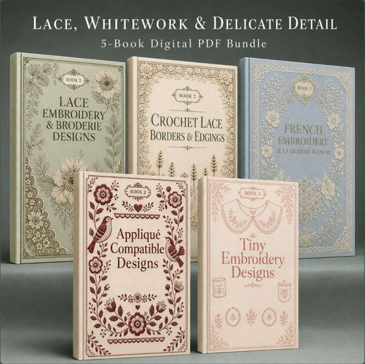Digital PDF embroidery design bundle cover preview for Lace, Whitework & Delicate Detail Bundle 2, featuring curated embroidery patterns, motif library references and textile… - preview 1