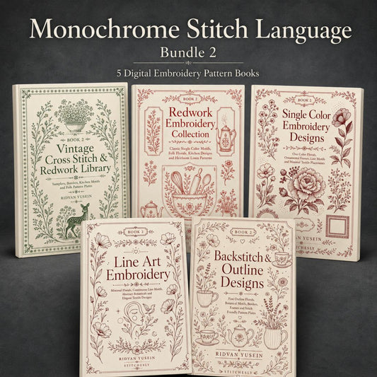 Digital PDF embroidery design bundle cover preview for Monochrome Stitch Language Bundle 2, featuring curated embroidery patterns, motif library references and textile design… - preview 1