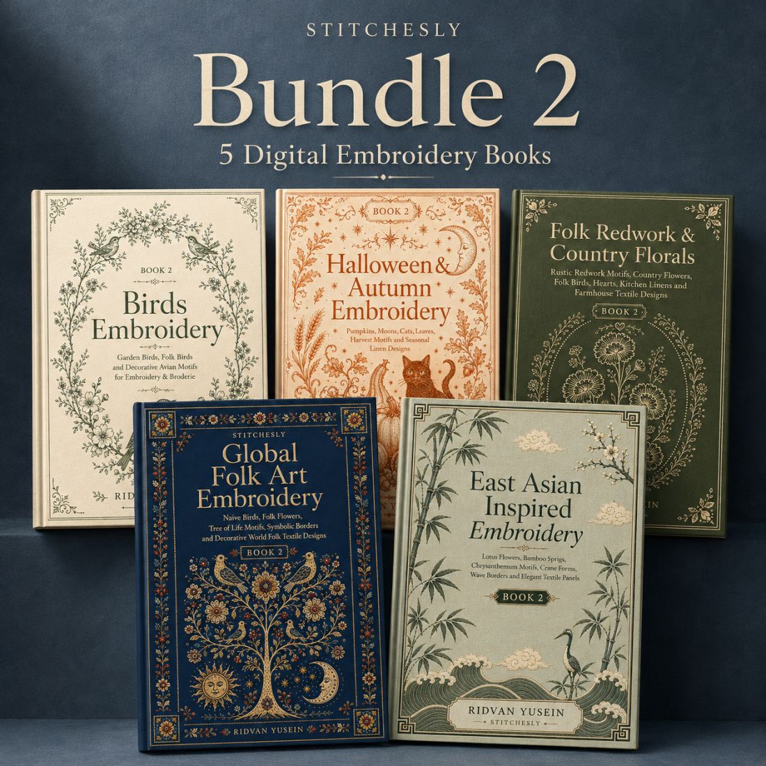 Digital PDF embroidery design bundle cover preview for Nature, Country Folk & Global Color Bundle 2, featuring curated embroidery patterns, motif library references and textile… - preview 1